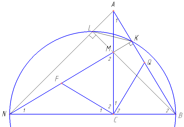 Дан прямоугольный треугольник ABC. На катете AC отмечена точка M, а на продолжении катета BC за точку C — точка N так, что CM = CB и CA = CN. а) Пусть CQ и CF — медианы треугольников ABC и NMC соответственно. Докажите, что CF и CQ перпендикулярны. б) Пусть L — это точка пересечения BM и AN, K — точка пересечения NM и AB, BC = 3, AC = 5. Найдите KL.