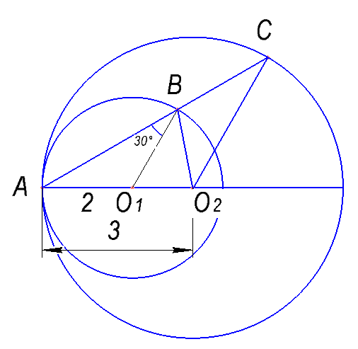 Окружности радиусов 2 и 3 с центрами O1 и O2 соответственно касаются в точке A. Прямая, проходящая через точку A, вторично пересекает меньшую окружность в точке B, а большую — в точке C. Найдите площадь треугольника BCO2, если угол ABO1 равен 30°.