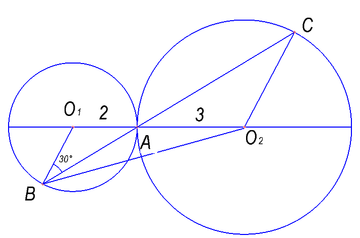 Окружности радиусов 2 и 3 с центрами O1 и O2 соответственно касаются в точке A. Прямая, проходящая через точку A, вторично пересекает меньшую окружность в точке B, а большую — в точке C. Найдите площадь треугольника BCO2, если угол ABO1 равен 30°.