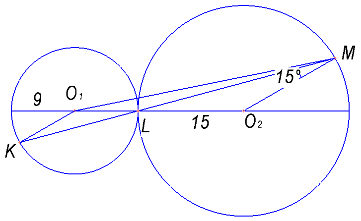 Окружности радиусов 9 и 15 с центрами O1 и O2 соответственно касаются в точке L. Прямая, проходящая через точку L, вторично пересекает меньшую окружность в точке K, а большую — в точке M. Найдите площадь треугольника KMO1, если угол LMO2  равен 15°.