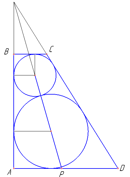 В прямоугольной трапеции АВСD с прямым углом при вершине А расположены две окружности. Одна из них касается боковых сторон и большего основания AD, вторая – боковых сторон, меньшего основания и первой окружности. а) Прямая, проходящая через центры окружностей пересекает основание AD в точке Р. Докажите ​\( \frac{AP}{PD}=\sin {D} \)​ б) Найдите площадь трапеции, если радиусы окружностей равны  \( \frac{4}{3} , \frac{1}{3} \)