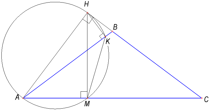 В равнобедренном тупоугольном треугольнике ABC на продолжение боковой стороны BC опущена высота AH. Из точки H на сторону AB  и основание AC опущены перпендикуляры HK и HM соответственно. а) Докажите, что отрезки AM и MK равны. б) Найдите MK, если AB=5, AC=8.