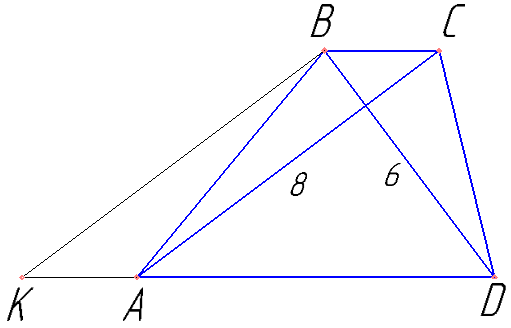 Сумма оснований трапеции равна 10, а её диагонали равны 6 и 8. а) Докажите, что диагонали трапеции перпендикулярны. б) Найдите высоту трапеции.