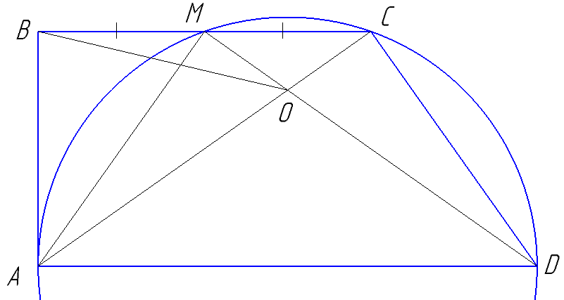 В трапеции ABCD угол BAD прямой. Окружность, построенная на большем основании AD как на диаметре, пересекает меньшее основание BC в точках C и M. а) Докажите, что ∠BAM=∠CAD. б) Диагонали трапеции ABCD пересекаются в точке O. Найдите площадь треугольника AOB, если AB=​\( \sqrt{10} \)​, а BC=2BM.