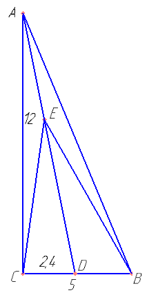 На прямой, содержащей биссектрису AD прямоугольного треугольника ABC с прямым углом C, взята точка E, удалённая от вершины A на расстояние, равное​ ​\( \sqrt {26} \)​​​​. Найдите площадь треугольника BCE, если BC=5, AC=12.