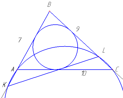 В треугольнике ABC известны стороны: AB=7, BC=9, AC=10. Окружность, проходящая через точки A и C, пересекает прямые BA и BC соответственно в точках K и L, отличных от вершин треугольника. Отрезок KL касается окружности, вписанной в треугольник ABC. Найдите длину отрезка KL.