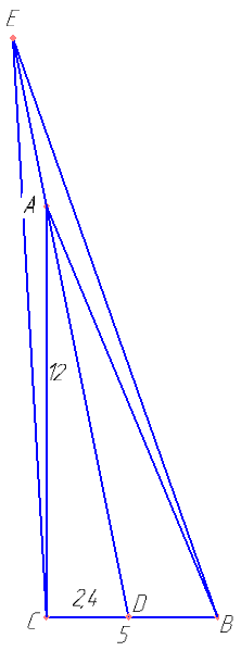 На прямой, содержащей биссектрису AD прямоугольного треугольника ABC с прямым углом C, взята точка E, удалённая от вершины A на расстояние, равное​ ​\( \sqrt {26} \)​​​​. Найдите площадь треугольника BCE, если BC=5, AC=12.