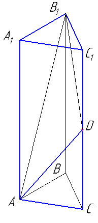 В правильной треугольной призме ABCA1B1C1  стороны основания равны 1, боковые рёбра равны 3, точка D - середина ребра CC1.  Найдите угол между плоскостями ABC и ADB1.