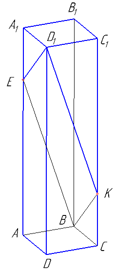 В правильной четырёхугольной призме ABCDA1B1C1D1 стороны основания равны 1, а боковые рёбра равны 4. На ребре DA1  отмечена точка E так, что AE:EA1=3:1. Найдите угол между плоскостями ABC и BED1.