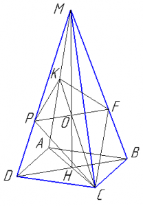 В правильной четырёхугольной пирамиде MABCD  с вершиной M стороны основания равны 6, а боковые рёбра равны 12. Найдите площадь сечения пирамиды плоскостью, проходящей через точку C и середину ребра  MA параллельно прямой BD.