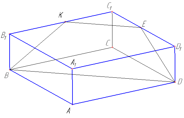 В правильной четырёхугольной призме ABCDA1B1C1D1 сторона основания равна 22, а боковое ребро AA1=7. Точка  K принадлежит ребру B1C1 и делит его в отношении 6:5, считая от вершины B1. Найдите площадь сечения этой призмы плоскостью, проходящей через точки B, D и K.