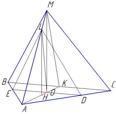В правильной треугольной пирамиде MABC с основанием ABC стороны основания равны 6, а боковые рёбра равны 5. На ребре AC находится точка D, на ребре AB находится точка E, а на ребре AM -  точка L. Известно, что AD=AE=AL=4. Найдите угол между плоскостью основания и плоскостью, проходящей через точки E, D и L