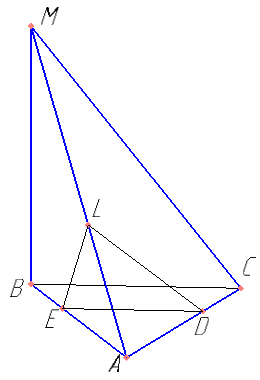 В треугольной пирамиде MABC основанием является правильный треугольник ABC, ребро MB перпендикулярно плоскости основания, стороны основания равны 3, а ребро MA равно 5. На ребре AC находится точка D, на ребре AB находится точка E, а на ребре AM- точка L. Известно, что AD=AL=2 и BE=1. Найдите площадь сечения пирамиды плоскостью, проходящей через точки E, D и L.