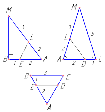 В треугольной пирамиде MABC основанием является правильный треугольник ABC, ребро MB перпендикулярно плоскости основания, стороны основания равны 3, а ребро MA равно 5. На ребре AC находится точка D, на ребре AB находится точка E, а на ребре AM- точка L. Известно, что AD=AL=2 и BE=1. Найдите площадь сечения пирамиды плоскостью, проходящей через точки E, D и L.