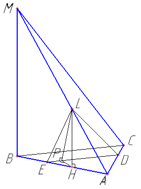 В треугольной пирамиде MABC основанием является правильный треугольник ABC, ребро MB перпендикулярно плоскости основания, стороны основания равны 3, а ребро MA равно 5. На ребре AC находится точка D, на ребре AB находится точка E, а на ребре AM- точка L. Известно, что AD=AL=2 и BE=1. Найдите угол между плоскостью основания и плоскостью, проходящей через точки E, D и L.