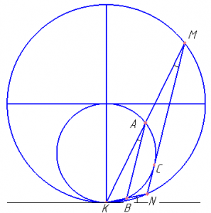 Две окружности касаются внутренним образом в точке K, причём, меньшая проходит через центр большей. Хорда MN большей окружности касается меньшей в точке C. Хорды KM и KN пересекают меньшую окружность в точках A и B соответственно, а отрезки KC и AB пересекаются в точке L. а) Докажите, что CN:CM=LB:LA. б) Найдите MN, если LB:LA=2:3, а радиус малой окружности равен\( \sqrt{23}