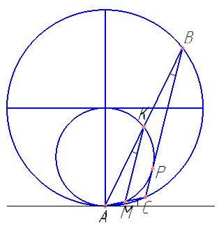Две окружности касаются внутренним образом в точке A, причём меньшая проходит через центр большей. Хорда BC большей окружности касается меньшей в точке P. Хорды AB и AC пересекают меньшую окружность в точках K и M соответственно. а) Докажите, что прямые KM и BC параллельны. б) Пусть L — точка пересечения отрезков KM и AP. Найдите AL, если радиус большей окружности равен 10, а BC=16.