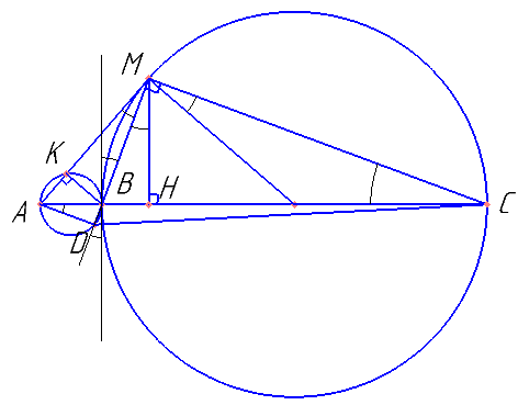 Точка  B лежит на отрезке AC. Прямая, проходящая через точку A, касается окружности с диаметром BC в точке M и второй раз пересекает окружность с диаметром AB в точке K. Продолжение отрезка MB пересекает окружность с диаметром AB в точке D. а) Докажите, что прямые AD и MC параллельны. б) Найдите площадь треугольника DBC, если AK=3 и MK=12.