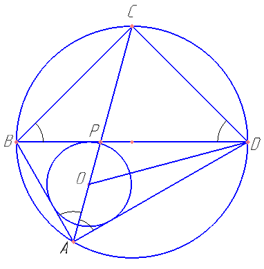 Диагонали AC и BD четырёхугольника ABCD, вписанного в окружность, пересекаются в точке P, причём BC=CD. а) Докажите, что ​\( \frac{AB}{BC}=\frac{AP}{PD} \)​. б) Найдите площадь треугольника COD, где O — центр окружности, вписанной в треугольник ABD, если дополнительно известно, что BD — диаметр описанной около четырёхугольника ABCD окружности, AB=5, а BC=​\( 5\sqrt{2} \)​.