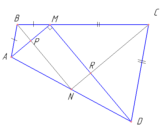 Точка M лежит на стороне BC выпуклого четырёхугольника ABCD, причём B и C — вершины равнобедренных треугольников с основаниями AM и DM соответственно, а прямые AM и MD перпендикулярны. а) Докажите, что биссектрисы углов при вершинах B и C четырёхугольника ABCD пересекаются на стороне AD. б) Пусть N — точка пересечения этих биссектрис. Найдите площадь четырёхугольника ABCD, если известно, что BM:MC=1:3, а площадь четырёхугольника, стороны которого лежат на прямых AM, DM, BN и CN, равна 18.