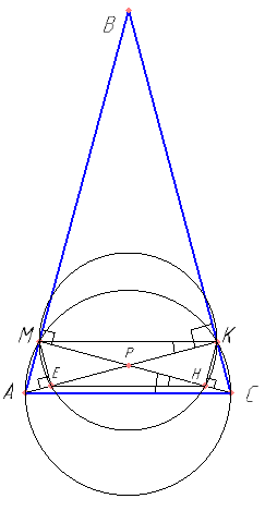 В остроугольном треугольнике ABC проведены высоты AK и CM. На них из точек M и K опущены перпендикуляры ME и KH соответственно. а) Докажите, что прямые EH и AC параллельны. б) Найдите отношение EH к AC, если ∠ABC=30°
