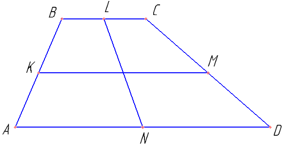 В выпуклом четырёхугольнике ABCD точки K, L, M и N — середины сторон AB, BC, CD и AD соответственно. Площади четырёхугольников ABLN и NLCD равны, а площади четырёхугольников KBCM и AKMD относятся как 11:17. а) Докажите, что прямые BC и AD параллельны. б) Найдите отношение BC к AD.
