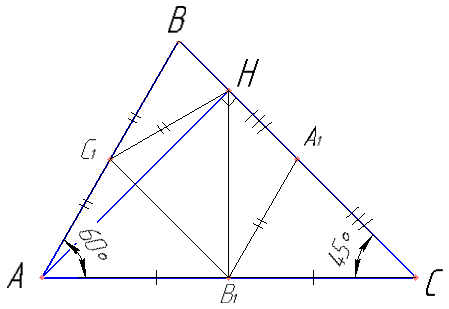 В треугольнике  ABC точки A1, B1 и C1 — середины сторон BC, AC и AB соответственно, AH — высота, ∠BAC=60, ∠BCA=45. а) Докажите, что точки A1, B1, C1 и H лежат на одной окружности. б) Найдите A1H, если BC=​\( 2\sqrt{3} \)​.