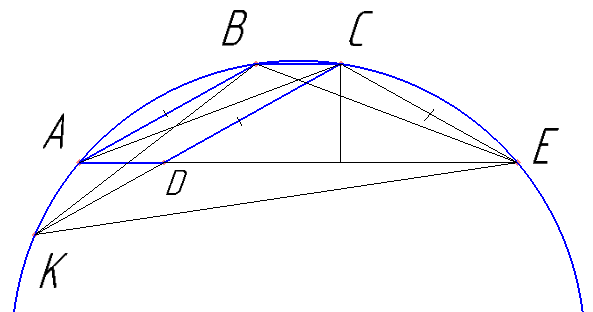 Окружность проходит через вершины A, B и C параллелограмма ABCD, пересекает продолжение стороны AD за точку D в точке E и пересекает продолжение стороны CD за точку D в точке K. а) Докажите, что BK=BE. б) Найдите отношение KE:AC, если ∠BAD=30°