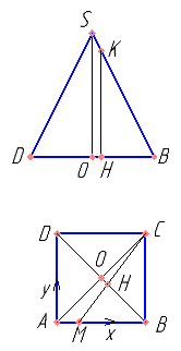 В правильной четырехугольной пирамиде SABCD сторона основания равна 4. а боковое ребро равно 7. На ребрах AB и SB отмечены точки M и K соответственно, причем AM=SK=1. Точки M и K принадлежат плоскости α, которая перпендикулярна плоскости ABC. а) Докажите, что плоскость α содержит точку C. б) Найдите площадь сечения пирамиды SABCD плоскостью α.