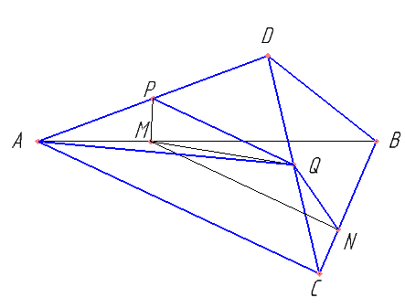 На рёбрах AB и BC треугольной пирамиды ABCD отмечены точки M и N соответственно, причём AM:MB = CN:NB = 1:2. Точки P и Q — середины рёбер DA и DC соответственно. а) Докажите, что точки P, Q, M и N лежат в одной плоскости. б) Найдите отношение объёмов многогранников, на которые плоскость PQM разбивает пирамиду.