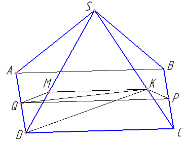 На ребре SD правильной четырёхугольной пирамиды SABCD  с основанием ABCD отмечена точка M, причём SM:MD=2:1. Точки P и Q — середины рёбер BC и AD соответственно. а) Докажите, что сечение пирамиды плоскостью MPQ является равнобедренной трапецией. б) Найдите отношение объёмов многогранников, на которые плоскость MPQ разбивает пирамиду.