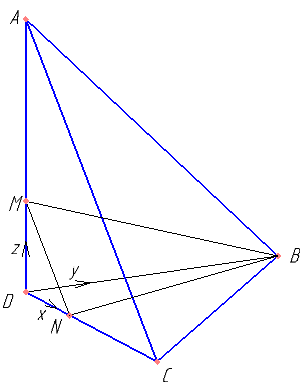 В пирамиде ABCD рёбра DA, DB и DC попарно перпендикулярны, а AB=BC=AC=​\( 6\sqrt{2} \)​. а) Докажите, что эта пирамида правильная. б) На рёбрах DA и DC отмечены точки M и N соответственно, причём DM:MA=DN:NC=1:2. Найдите расстояние от точки D до плоскости MNB.