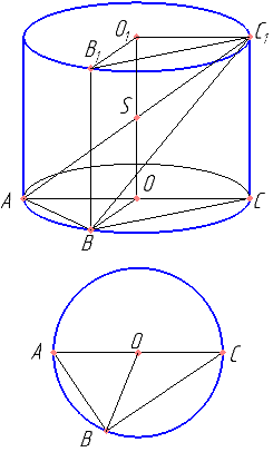 В цилиндре образующая перпендикулярна плоскости основания. На окружности одного из оснований цилиндра выбраны точки A и B, а на окружности другого основания — точки B1 и C1, причём BB1 — образующая цилиндра, а отрезок AC1 пересекает ось цилиндра. а) Докажите, что угол ABC1 прямой. б) Найдите угол между прямыми BB1 и AC1, если AB=6, BB1=15, B1C1=8.