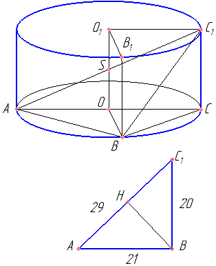 В цилиндре образующая перпендикулярна плоскости основания. На окружности одного из оснований цилиндра выбраны точки A и B, а на окружности другого основания — точки B1 и C1, причём BB1 — образующая цилиндра, а отрезок AC1 пересекает ось цилиндра. а) Докажите, что угол ABC1 прямой. б) Найдите расстояние от точки B до прямой AC1, если AB=21, BB1=12, B1C1=16.