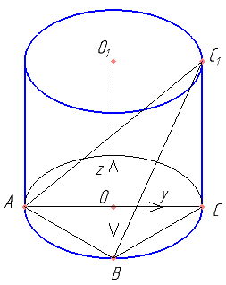 В цилиндре образующая перпендикулярна плоскости основания. На окружности одного из оснований цилиндра выбраны точки A, B и C, а на окружности другого основания — точка C1, причём CC1 — образующая цилиндра, а AC — диаметр основания. Известно, что ∠ACB=45°, AB=​\( 2\sqrt{3} \)​, CC1=​\( 2\sqrt{6} \)​. а) Докажите, что угол между прямыми AC1 и BC равен 60°. б) Найдите расстояние от точки B до прямой AC1.