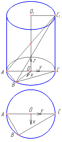 В цилиндре образующая перпендикулярна плоскости основания. На окружности одного из оснований цилиндра выбраны точки A, B и C, а на окружности другого основания — точка C1, причём CC1 — образующая цилиндра, а AC — диаметр основания. Известно, что ∠ACB=30°, AB=1, CC1=​\( 2\sqrt{2} \)​. а) Докажите, что угол между прямыми AC1 и BC равен 60°. б) Найдите площадь боковой поверхности цилиндра.
