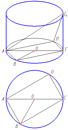 В цилиндре образующая перпендикулярна плоскости основания. На окружности одного из оснований цилиндра выбраны точки A, B и C, а на окружности другого основания — точка C1, причём CC1 — образующая цилиндра, а AC — диаметр основания. Известно, что ∠ACB=30°, AB=​\( \sqrt{2} \)​, CC1=2. а) Докажите, что угол между прямыми AC1 и BC равен 45°. б) Найдите объём цилиндра.