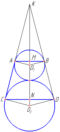 Окружности радиусов 12 и 20 касаются внешним образом. Точки A и B лежат на первой окружности, точки C и D - на второй. При этом AC и BD -  общие касательные окружностей. Найдите расстояние между прямыми AB  и CD.