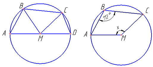 Середина M стороны AD выпуклого четырёхугольника ABCD равноудалена от всех его вершин. Найдите AD, если BC=10, а углы B и C четырёхугольника равны соответственно 112º и 113º.