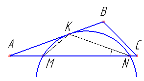 Точки M и N лежат на стороне AC треугольника ABC на расстояниях соответственно 9 и 32 от вершины A. Найдите радиус окружности, проходящей через точки M и N и касающейся луча AB, если​\( coa\angle BAC=\frac{2\sqrt{2}}{3} \)​.