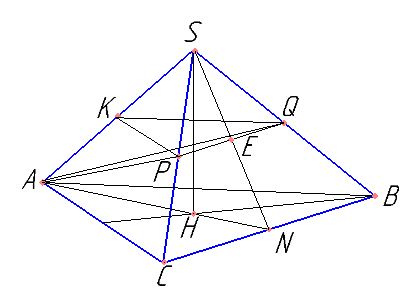 Дана правильная треугольная пирамида SABC, AB=24, высота SH, проведенная к основанию равна 14, точка K середина AS, точка N середина BC. Плоскость, проходящая через точку K и параллельная основанию пирамиды пересекает ребра SB и SC в точка P и Q соответственно. а) Докажите, что PQ проходит через середину SN. б) Найдите угол между плоскостью основания и плоскостью APQ.