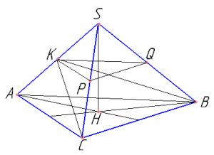 Дана правильная треугольная пирамида SABC, AB=16, высота SH=10, точка K середина AS, точка N середина BC. Плоскость, проходящая через точку K и параллельная основанию пирамиды пересекает ребра SB и SC в точка P и Q соответственно. а) Докажите, что ​\( S_{PQCB}:S_{BSC}=3:4 \)​. б) Найдите объем пирамиды KBPQC.