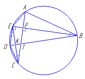 Даны 5 точек на окружности A, B, C, D, E, причем AE=ED=CD, EB​\( \perp \)​AC, соединили точки B и D, получилась точка T на прямой AC. а) Доказать, что прямая EC делит отрезок TD пополам. б) Найдите площадь ABT,  если BD=10, AE=​\( 2\sqrt{2} \)​.