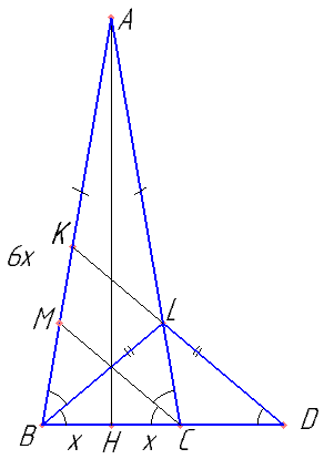 На отрезке BD взята точка C. Биссектриса BL равнобедренного треугольника ABC с основанием BC является боковой стороной равнобедренного треугольника BLD с основанием BD. а) Докажите, что треугольник BCL равнобедренный. б) Известно, что \( cos\angle ABC=\frac{1}{6} \).  В каком отношении прямая DL делит сторону AB?