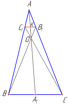 Точки  B1  и C1 лежат на сторонах соответственно AC и AB треугольника ABC, причем  AB1 : B1C = AC1 : C1B. Прямые BB1 и CC1 пересекаются в точке O. a) Докажите, что прямая AO делит пополам сторону BC. б) Найдите отношение площади четырехугольника AB1OC1 к площади треугольника ABC, если известно, что AB1 : B1C = AC1 : C1B = 1 : 4