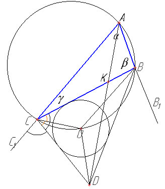 Биссектрисы внешних углов B и C треугольника ABC пересекаются в точке D. Центр окружности вписанной в треугольник BCD, лежит на окружности, описанной около треугольника ABC. а) Докажите, что ​\( \angle ABC=60° \)​ б) Найдите синус угла между прямыми AD и BC, если  AB=3,  AC=8