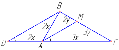 На продолжении стороны AC за вершину A треугольника ABC отложен отрезок AD, равный стороне AB. Прямая проходящая через очку A параллельно BD,  пересекает сторону BC в точке M. а) Докажите, что AM - биссектриса ​\( \angle BAC \)​. б) Найдите площадь трапеции AMBD, если площадь треугольника ABC равна 180 и известно отношение AC : AB = 3 : 2.