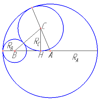 Две окружности касаются внутренним образом. Третья окружность касается первых двух и их линии центров. а) Докажите, что периметр треугольника с вершинами в центрах трех окружностей равен диаметру наибольшей из этих окружностей. б) Найдите радиус третьей окружности, если радиусы первых двух равны 4 и 1.