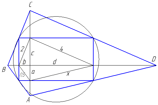 Середины сторон выпуклого четырехугольника ABCD лежат на окружности. Известно, что AB=1, BC=4, CD=8. Найдите AD.